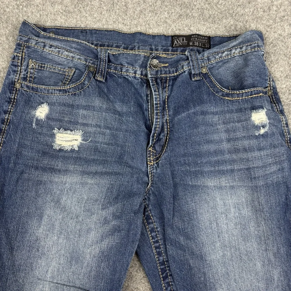 TK Axel Jeans Mens 38x32 Relaxed Straight Y2K Distressed Medium Wash Blue Denim